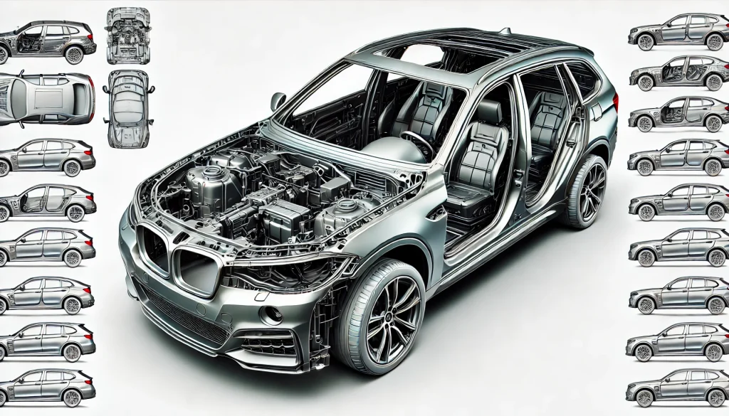 Carrosserie de voiture sans peinture montrant les panneaux extérieurs : portes, capot, toit et pare-chocs. Structure et composants visibles.